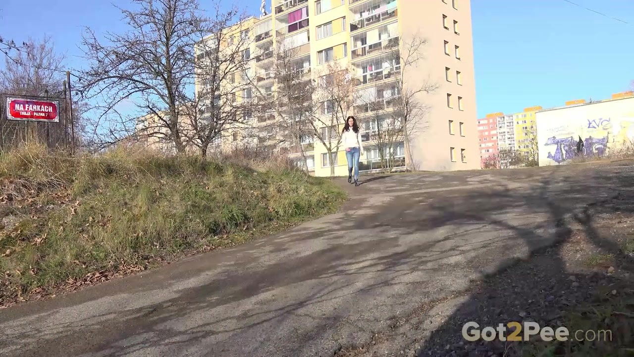 Ali Bordeaux pees on a road in the suburbs